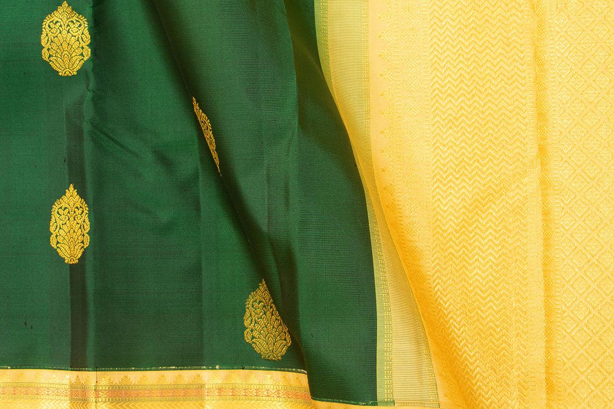 Green And Beige Kanchipuram Silk Saree With Gold floral motifs And Medium Border Handwoven Pure Silk For Wedding Wear PV 2032 - Silk Sari - Panjavarnam PV 2032