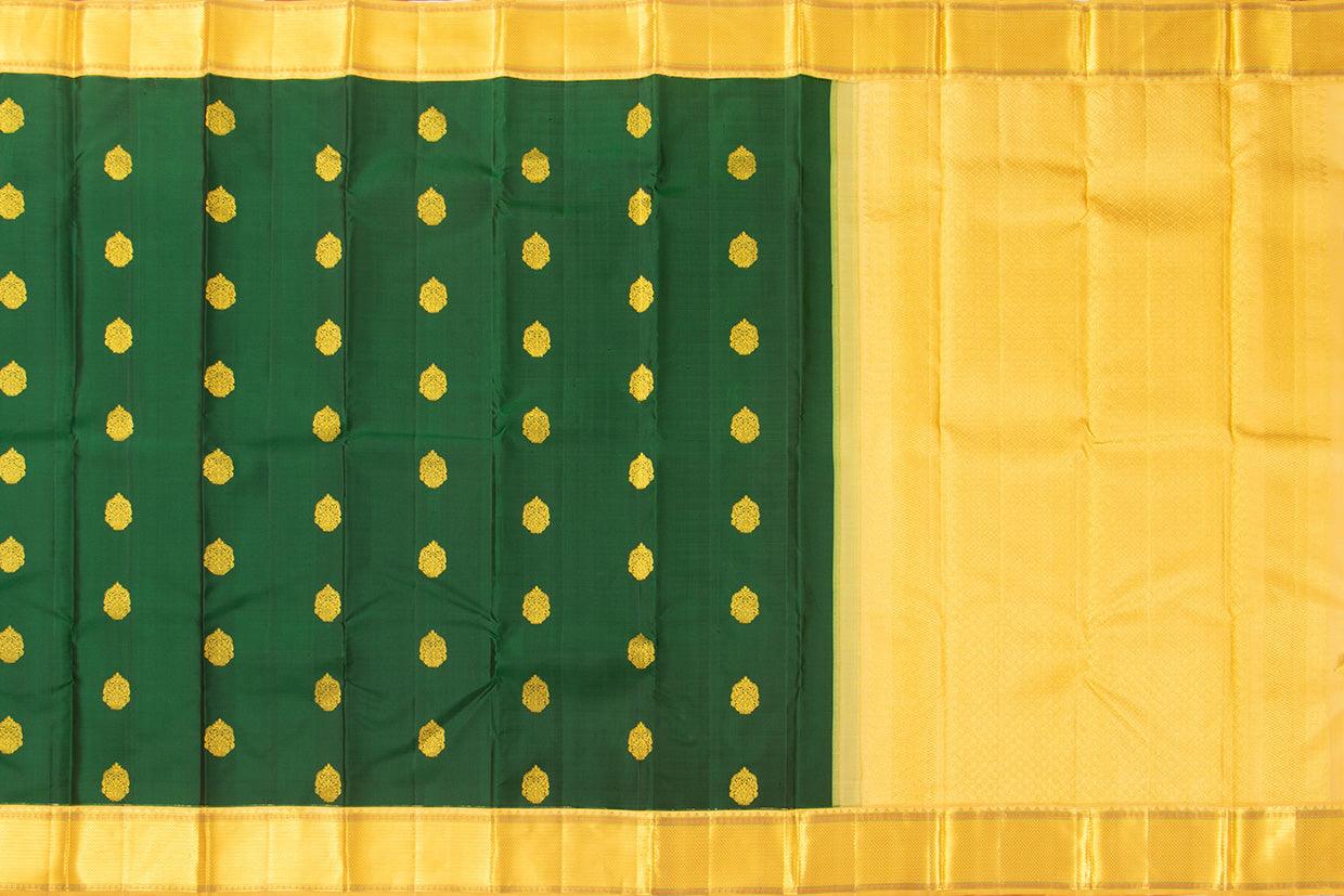 Green And Beige Kanchipuram Silk Saree With Gold floral motifs And Medium Border Handwoven Pure Silk For Wedding Wear PV 2032 - Silk Sari - Panjavarnam PV 2032