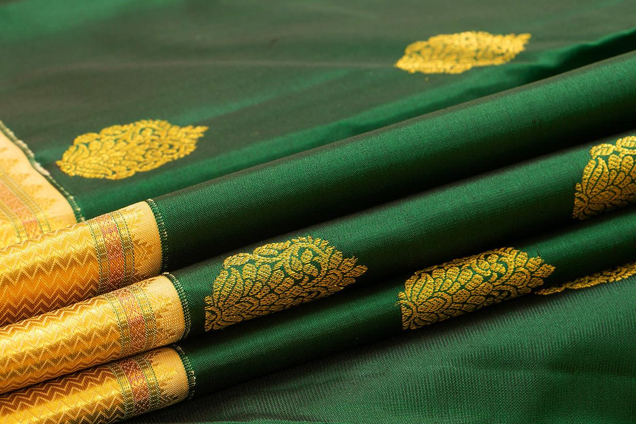 Green And Beige Kanchipuram Silk Saree With Gold floral motifs And Medium Border Handwoven Pure Silk For Wedding Wear PV 2032 - Silk Sari - Panjavarnam PV 2032