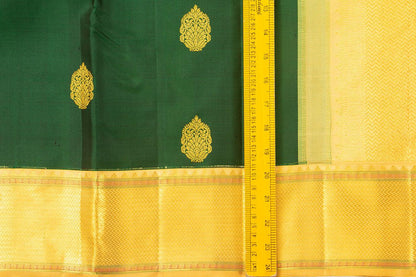 Green And Beige Kanchipuram Silk Saree With Gold floral motifs And Medium Border Handwoven Pure Silk For Wedding Wear PV 2032 - Silk Sari - Panjavarnam PV 2032