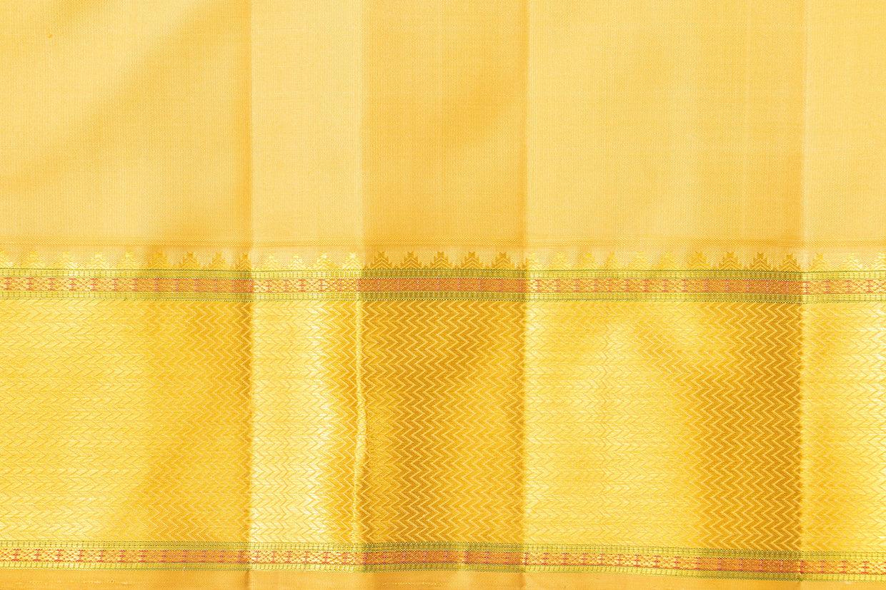 Green And Beige Kanchipuram Silk Saree With Gold floral motifs And Medium Border Handwoven Pure Silk For Wedding Wear PV 2032 - Silk Sari - Panjavarnam PV 2032