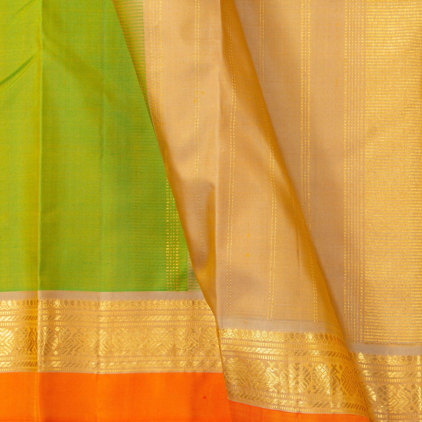 Green And Beige Kanchipuram Silk Saree With Small Border Handwoven Pure Silk For Festive Wear PV J 425 - Silk Sari - Panjavarnam PV J 425