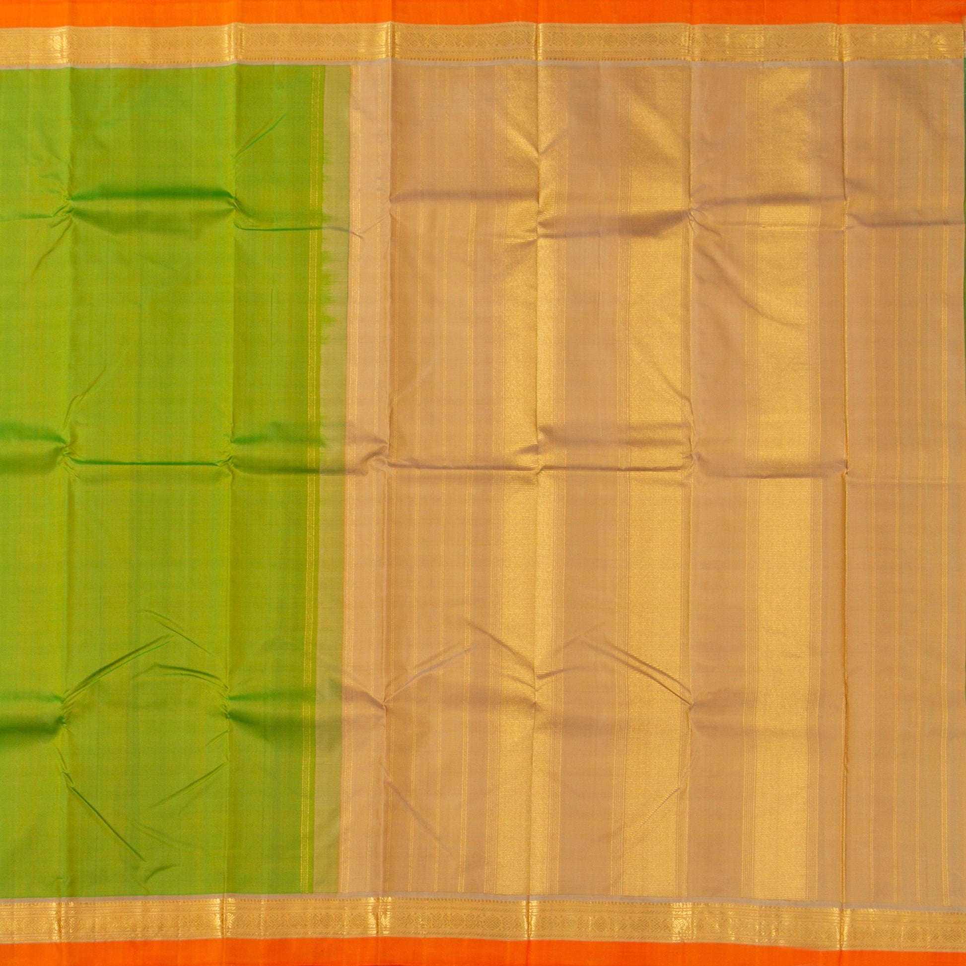 Green And Beige Kanchipuram Silk Saree With Small Border Handwoven Pure Silk For Festive Wear PV J 425 - Silk Sari - Panjavarnam PV J 425