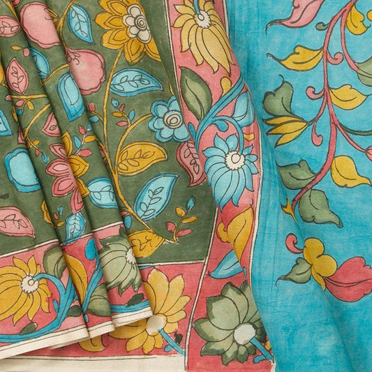 Green And Blue Kalamkari Bangalore Silk Saree With Zari Border Handpainted Organic Dyes For Office Wear PKBS 568 - Kalamkari Silk - Panjavarnam PKBS 568