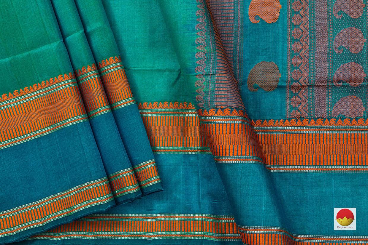 Green And Blue Kanchi Silk Cotton Saree With Silk Thread Work Handwoven For Office Wear PV KSC 1217 - Silk Cotton - Panjavarnam PV KSC 1217