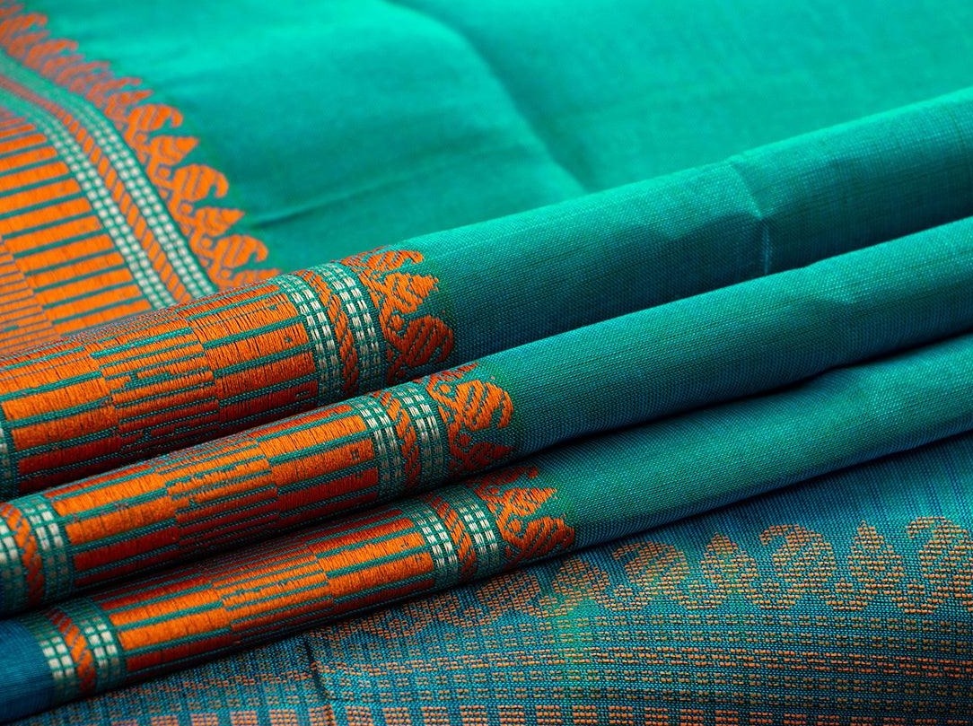 Green And Blue Kanchi Silk Cotton Saree With Silk Thread Work Handwoven For Office Wear PV KSC 1217 - Silk Cotton - Panjavarnam PV KSC 1217