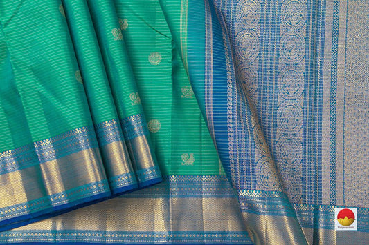 Green And Blue Kanchipuram Silk Saree With Vaira Oosi Stripes And Medium Border Handwoven Pure Silk For Wedding Wear PV NYC 992 - Silk Sari - Panjavarnam