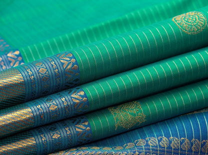 Green And Blue Kanchipuram Silk Saree With Vaira Oosi Stripes And Medium Border Handwoven Pure Silk For Wedding Wear PV NYC 992 - Silk Sari - Panjavarnam