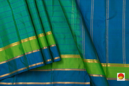 Green And Blue Stripes Kanchipuram Silk Saree Handwoven Pure Silk Pure Zari For Festive Wear PV KNN 115 - Silk Sari - Panjavarnam