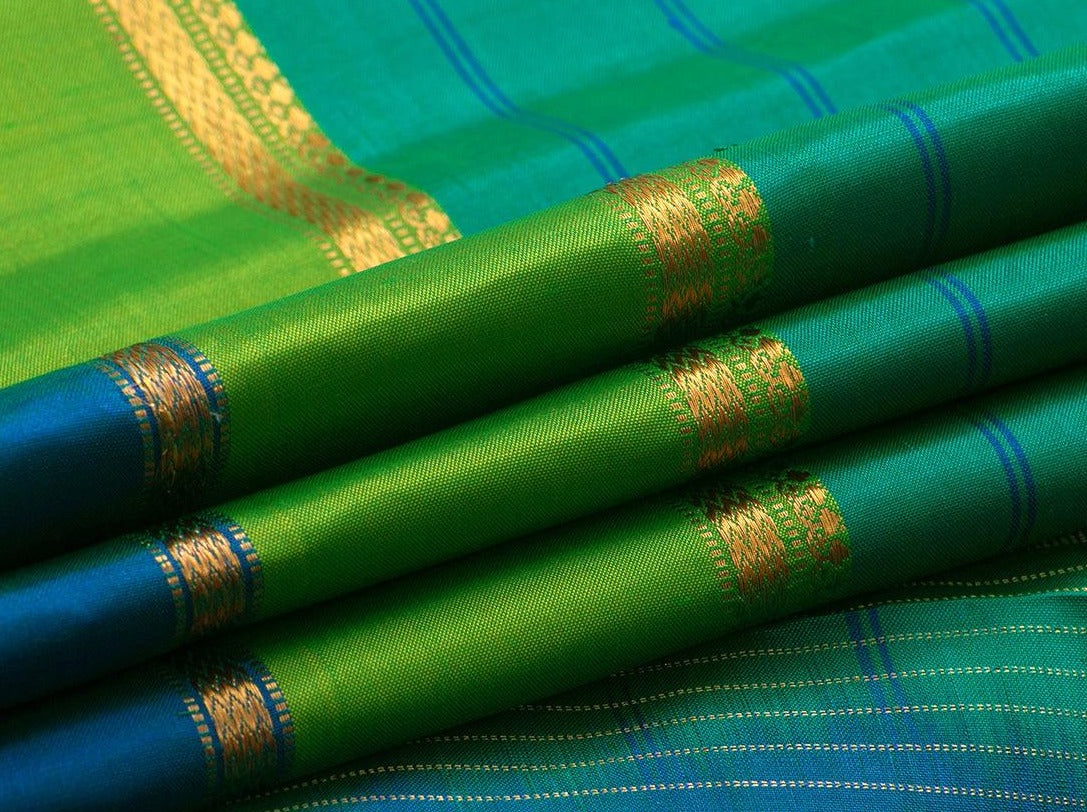 Green And Blue Stripes Kanchipuram Silk Saree Handwoven Pure Silk Pure Zari For Festive Wear PV KNN 115 - Silk Sari - Panjavarnam PV KNN 115