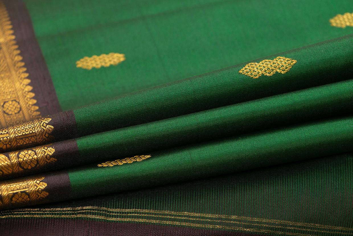 Green And Brown Kanchipuram Silk Saree With Medium Border Handwoven Pure Silk For Festive Wear PV J 556 - Silk Sari - Panjavarnam