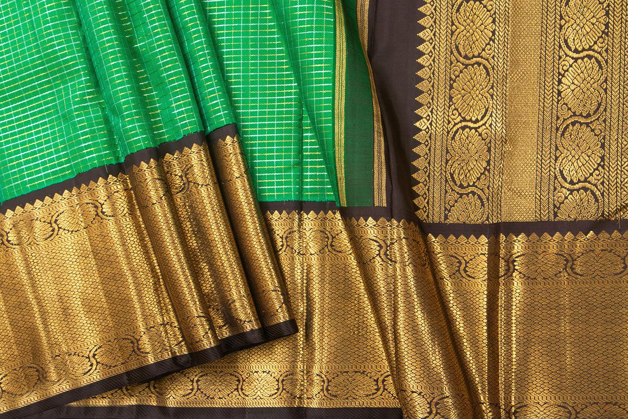 Green And Brown Kanchipuram Silk Saree With Morning Evening Border Handwoven Pure Silk For Wedding Wear PV NYC 1052 - Silk Sari - Panjavarnam PV NYC 1052