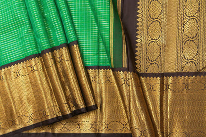 Green And Brown Kanchipuram Silk Saree With Morning Evening Border Handwoven Pure Silk For Wedding Wear PV NYC 1052 - Silk Sari - Panjavarnam PV NYC 1052