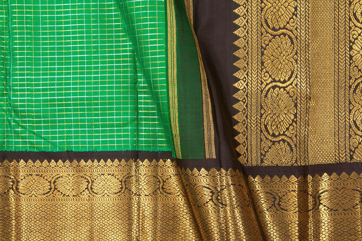 Green And Brown Kanchipuram Silk Saree With Morning Evening Border Handwoven Pure Silk For Wedding Wear PV NYC 1052 - Silk Sari - Panjavarnam PV NYC 1052