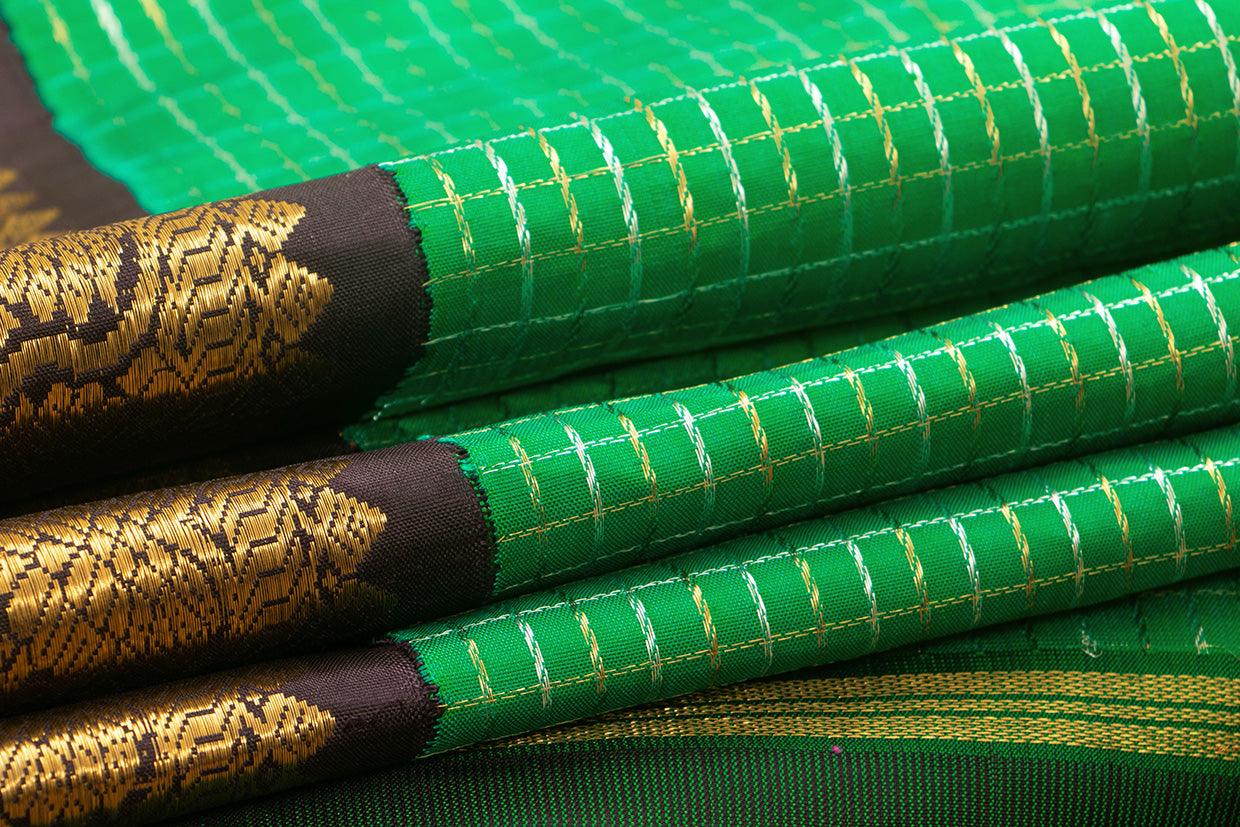 Green And Brown Kanchipuram Silk Saree With Morning Evening Border Handwoven Pure Silk For Wedding Wear PV NYC 1052 - Silk Sari - Panjavarnam PV NYC 1052