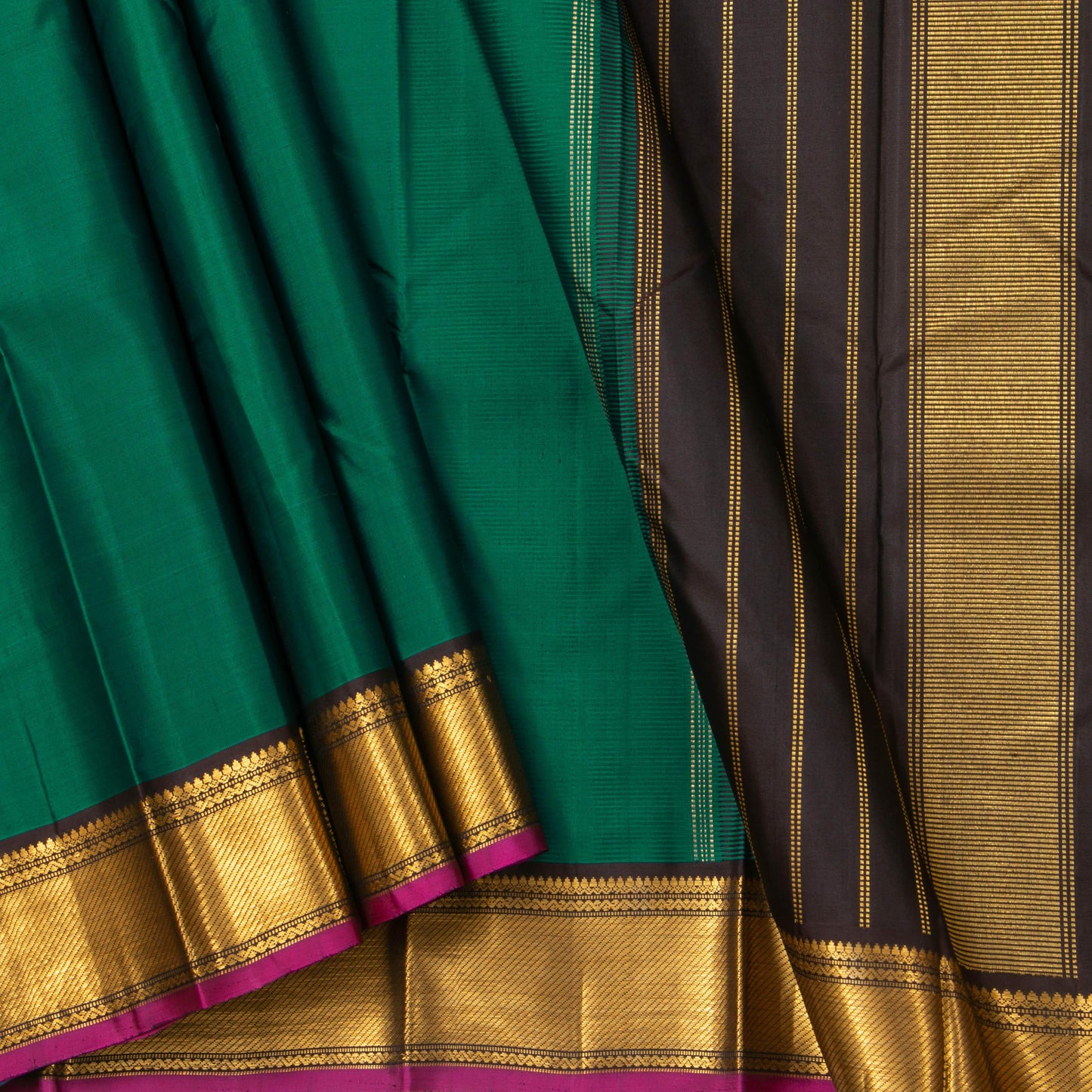 Green And Brown Kanchipuram Silk Saree With Small Border Handwoven Pure Silk For Festive Wear PV J 2475 - Silk Sari - Panjavarnam PV J 2475