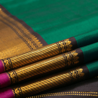 Green And Brown Kanchipuram Silk Saree With Small Border Handwoven Pure Silk For Festive Wear PV J 2475 - Silk Sari - Panjavarnam PV J 2475