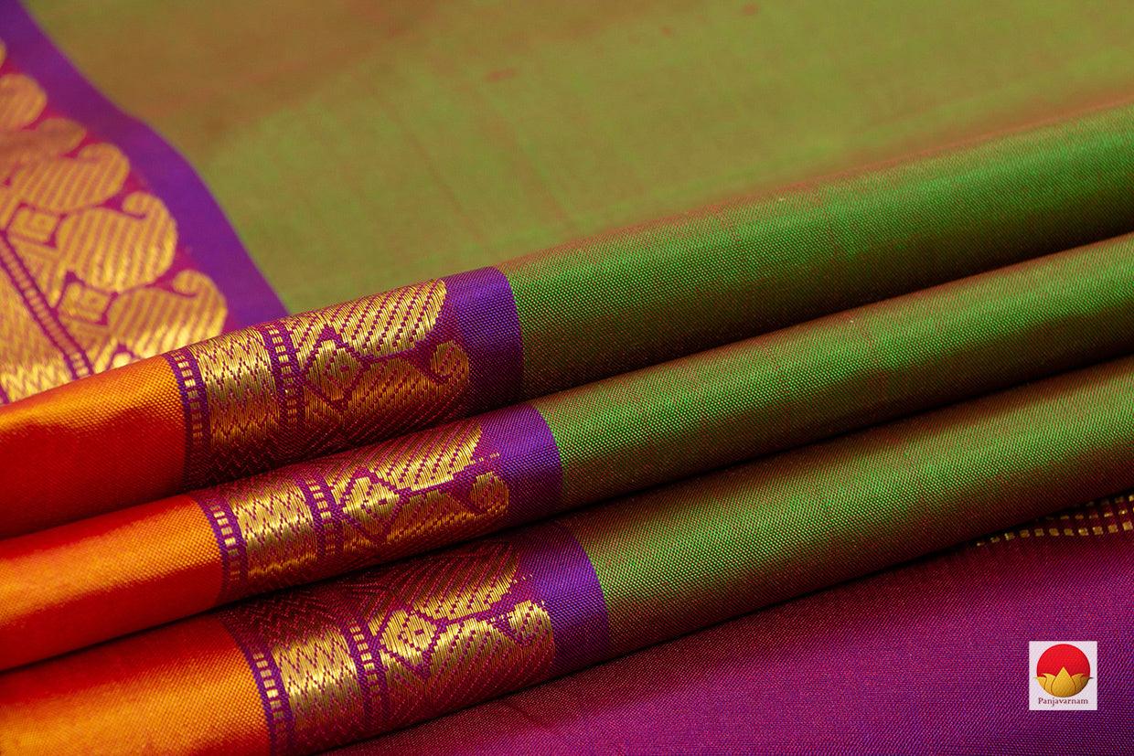 Green And Magenta Dual Shade Kanchipuram Silk Saree With Magenta Border Handwoven Pure Silk Pure Zari For Festive Wear PV J 6517 - Silk Sari - Panjavarnam