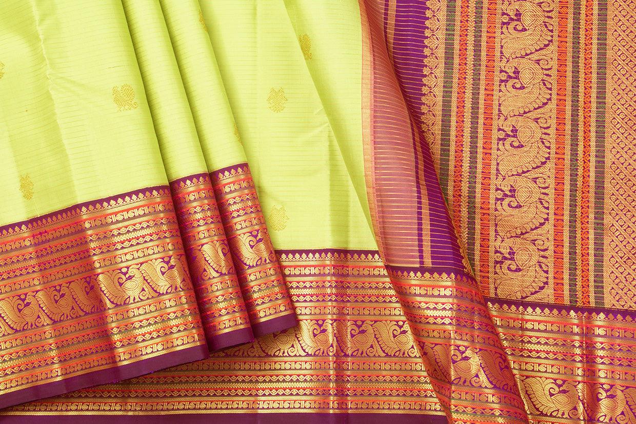 Green And Magenta Kanchipuram Silk Saree With Gold Zari Gandaberunda Motifs And Medium Border Handwoven Pure Silk For Wedding Wear PV 2033 - Silk Sari - Panjavarnam PV 2033