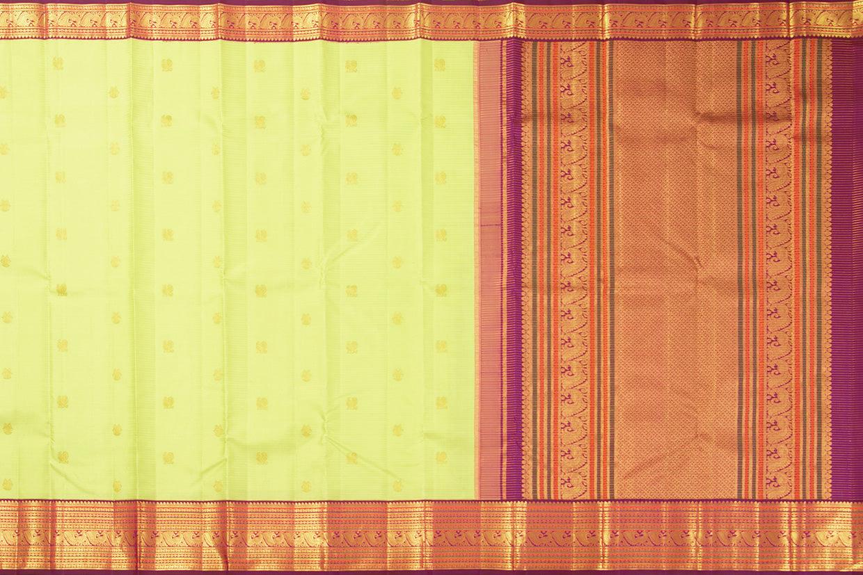 Green And Magenta Kanchipuram Silk Saree With Gold Zari Gandaberunda Motifs And Medium Border Handwoven Pure Silk For Wedding Wear PV 2033 - Silk Sari - Panjavarnam PV 2033