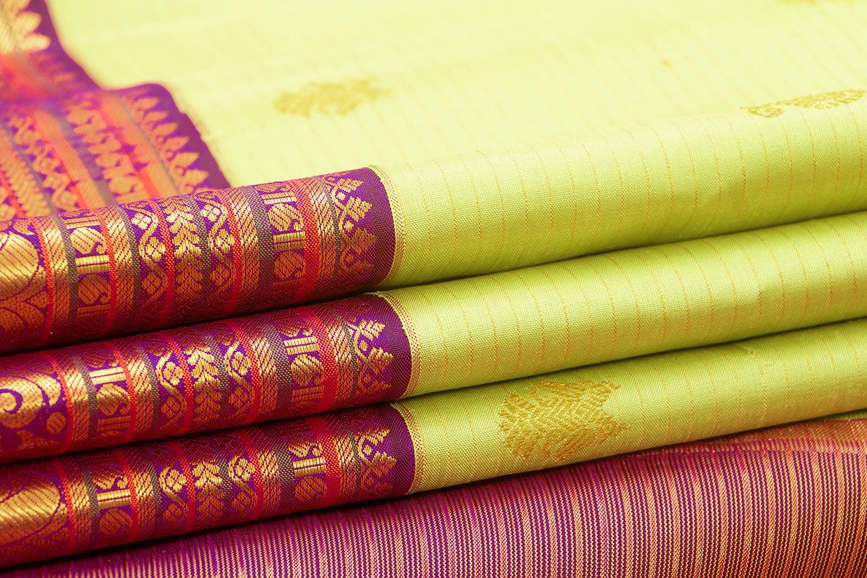 Green And Magenta Kanchipuram Silk Saree With Gold Zari Gandaberunda Motifs And Medium Border Handwoven Pure Silk For Wedding Wear PV 2033 - Silk Sari - Panjavarnam PV 2033