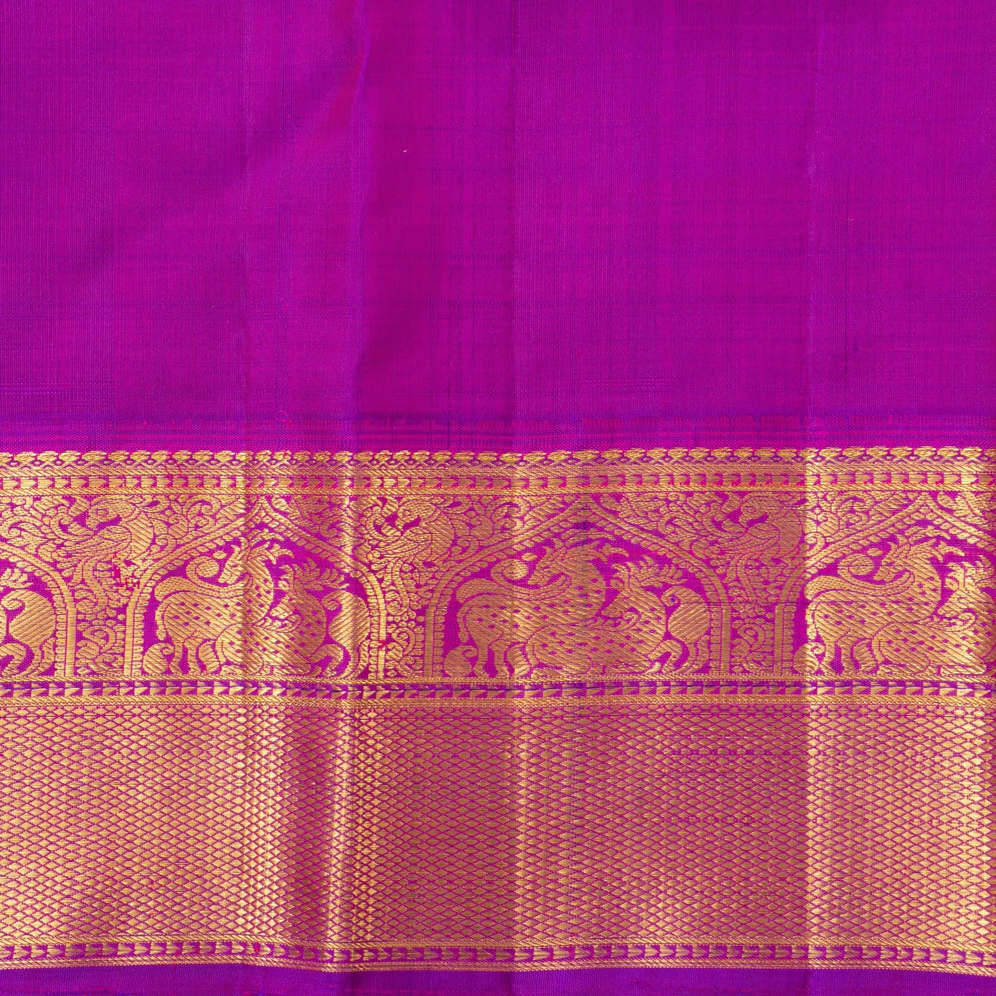 Green And Magenta Kanchipuram Silk Saree With Morning Evening Border Handwoven Pure Silk For Wedding Wear PV NYC 1224 - Silk Sari - Panjavarnam PV NYC 1224