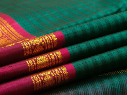Green And Magenta Kanchipuram Silk Saree With Rettai Pettu Border Handwoven Pure Silk Pure Zari For Festive Wear PV J 981 - Silk Sari - Panjavarnam