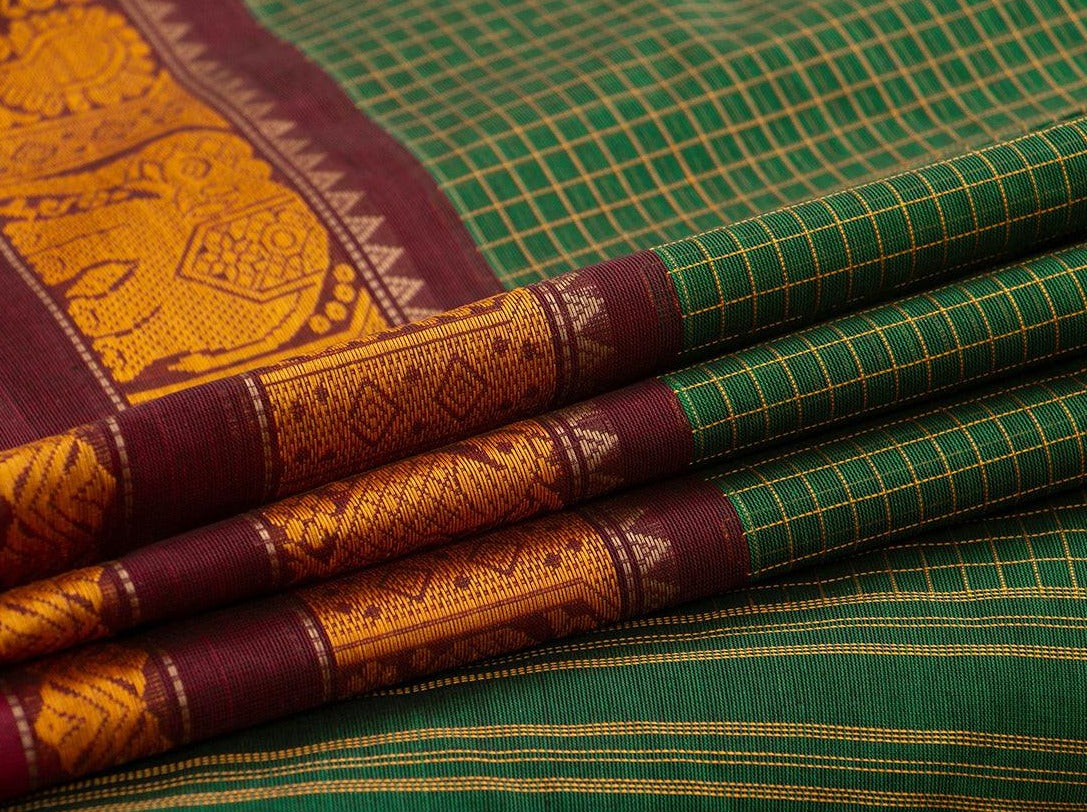 Green And Maroon Checked Kanchi Cotton Saree For Office Wear PV KC 365 - Cotton Saree - Panjavarnam PV KC 365