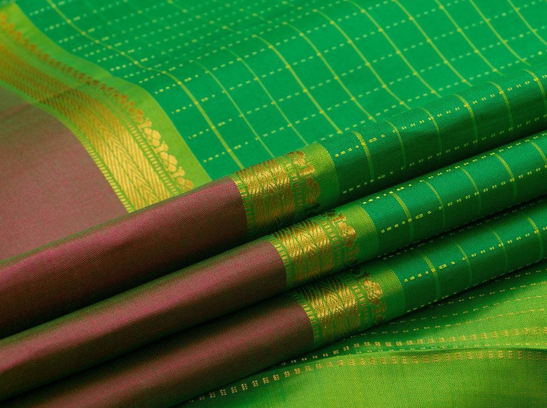 Green And Maroon Checked Kanchipuram Silk Saree Handwoven Pure Silk Pure Zari For Festive Wear PV NYC 884 - Silk Sari - Panjavarnam PV NYC 884