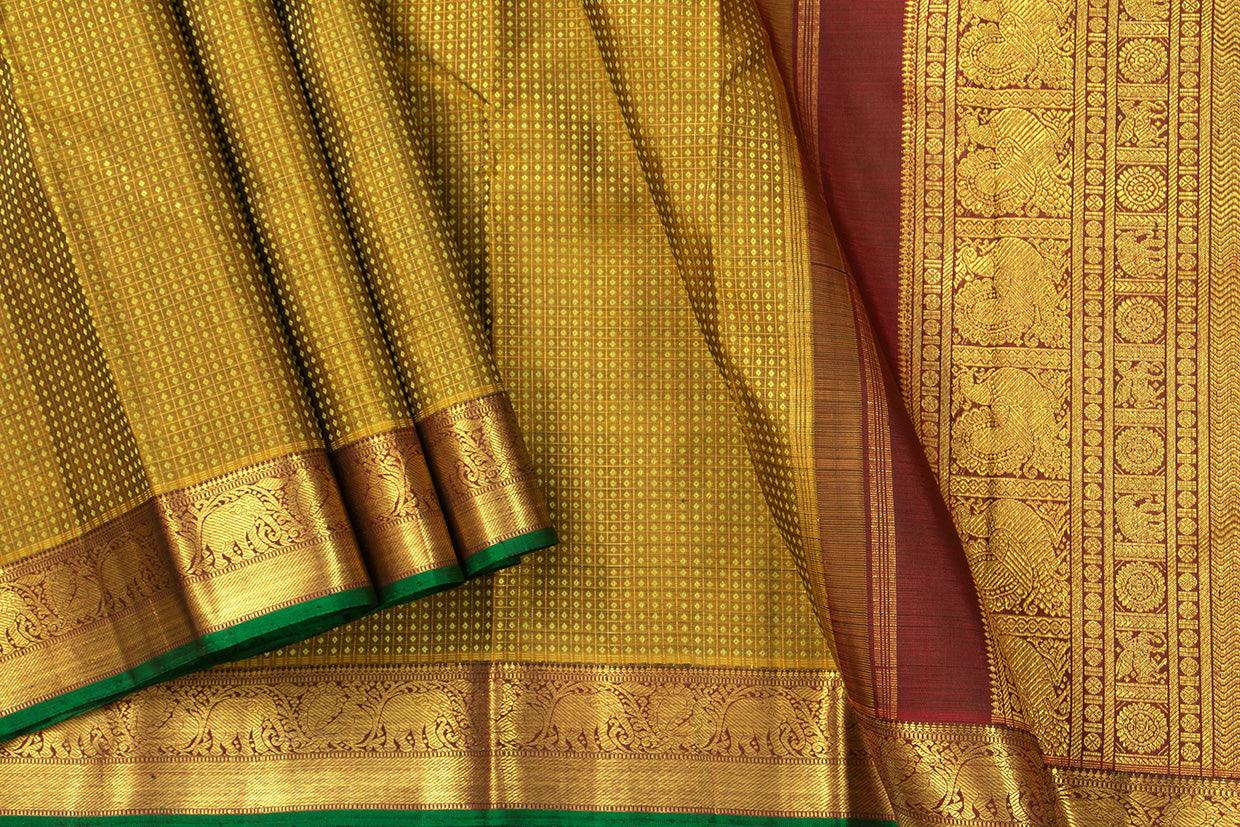 Green And Maroon Zari Checks Kanchipuram Silk Saree With Small Border Handwoven Pure Silk For Wedding Wear PV NYC 1099 - Silk Sari - Panjavarnam PV NYC 1099