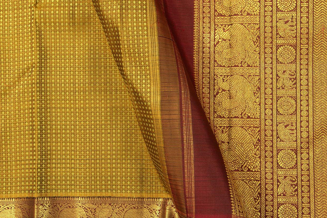 Green And Maroon Zari Checks Kanchipuram Silk Saree With Small Border Handwoven Pure Silk For Wedding Wear PV NYC 1099 - Silk Sari - Panjavarnam PV NYC 1099