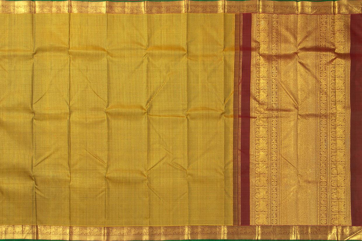 Green And Maroon Zari Checks Kanchipuram Silk Saree With Small Border Handwoven Pure Silk For Wedding Wear PV NYC 1099 - Silk Sari - Panjavarnam PV NYC 1099