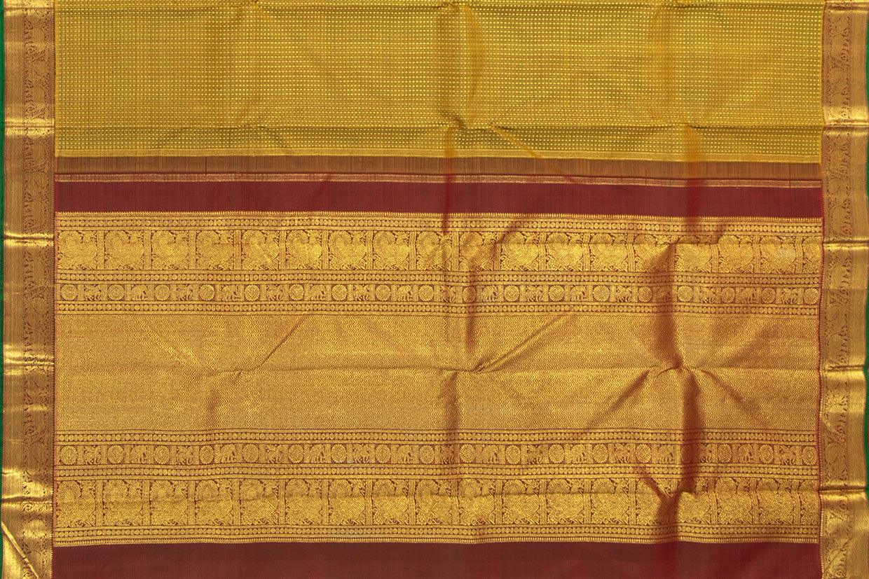 Green And Maroon Zari Checks Kanchipuram Silk Saree With Small Border Handwoven Pure Silk For Wedding Wear PV NYC 1099 - Silk Sari - Panjavarnam PV NYC 1099