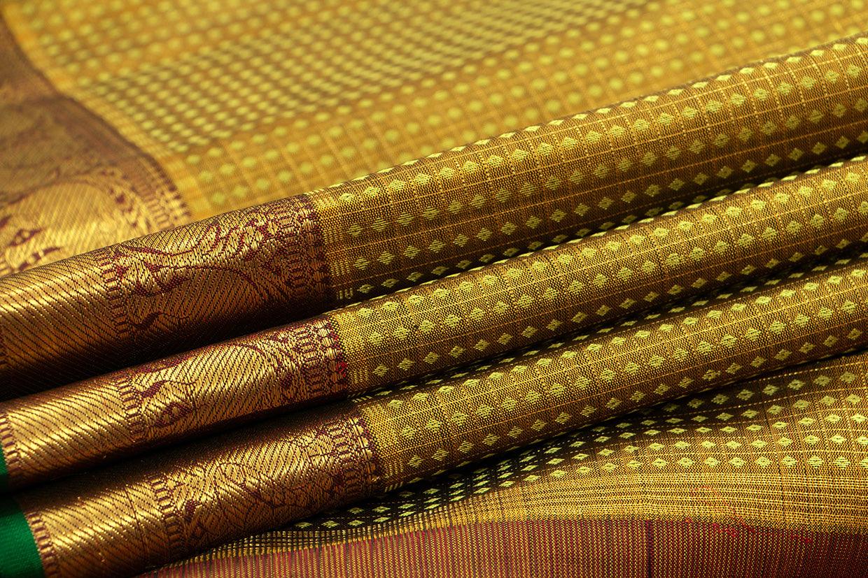 Green And Maroon Zari Checks Kanchipuram Silk Saree With Small Border Handwoven Pure Silk For Wedding Wear PV NYC 1099 - Silk Sari - Panjavarnam PV NYC 1099