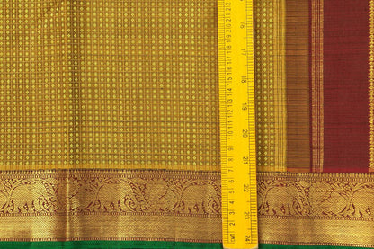 Green And Maroon Zari Checks Kanchipuram Silk Saree With Small Border Handwoven Pure Silk For Wedding Wear PV NYC 1099 - Silk Sari - Panjavarnam PV NYC 1099