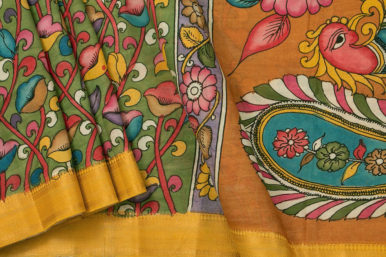 Green And Mustard Handpainted Kalamkari Mangalgiri Silk Saree Organic Dyes For Office Wear PKMS 67 - Kalamkari Silk - Panjavarnam