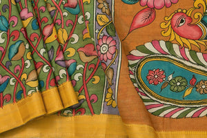 Green And Mustard Handpainted Kalamkari Mangalgiri Silk Saree Organic Dyes For Office Wear PKMS 67 - Kalamkari Silk - Panjavarnam PKMS 67