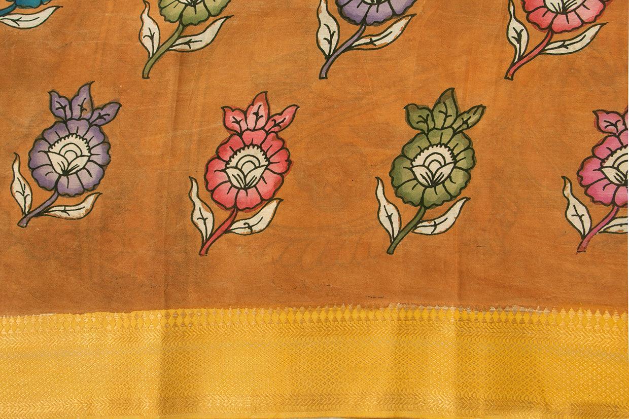 Green And Mustard Handpainted Kalamkari Mangalgiri Silk Saree Organic Dyes For Office Wear PKMS 67 - Kalamkari Silk - Panjavarnam PKMS 67