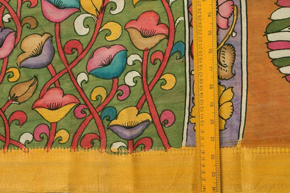 Green And Mustard Handpainted Kalamkari Mangalgiri Silk Saree Organic Dyes For Office Wear PKMS 67 - Kalamkari Silk - Panjavarnam PKMS 67