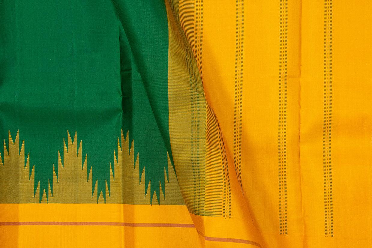 Green And Mustard Temple Border Kanchipuram Silk Saree Light Weight For Festive Wear PV KNN 242 - Silk Sari - Panjavarnam PV KNN 242