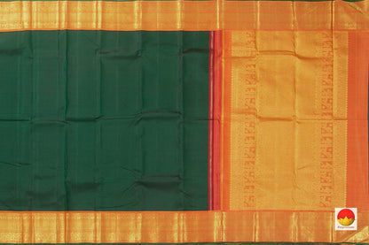 Green And Orange Kanchipuram Silk Saree With Medium Border Handwoven Pure Silk For Festive Wear PV J 225 - Silk Sari - Panjavarnam