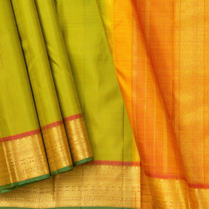 Green And Orange Kanchipuram Silk Saree With Small Border Handwoven Pure Silk For Festive Wear PV J 2479 - Silk Sari - Panjavarnam PV J 2479