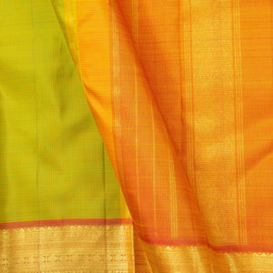 Green And Orange Kanchipuram Silk Saree With Small Border Handwoven Pure Silk For Festive Wear PV J 2479 - Silk Sari - Panjavarnam PV J 2479