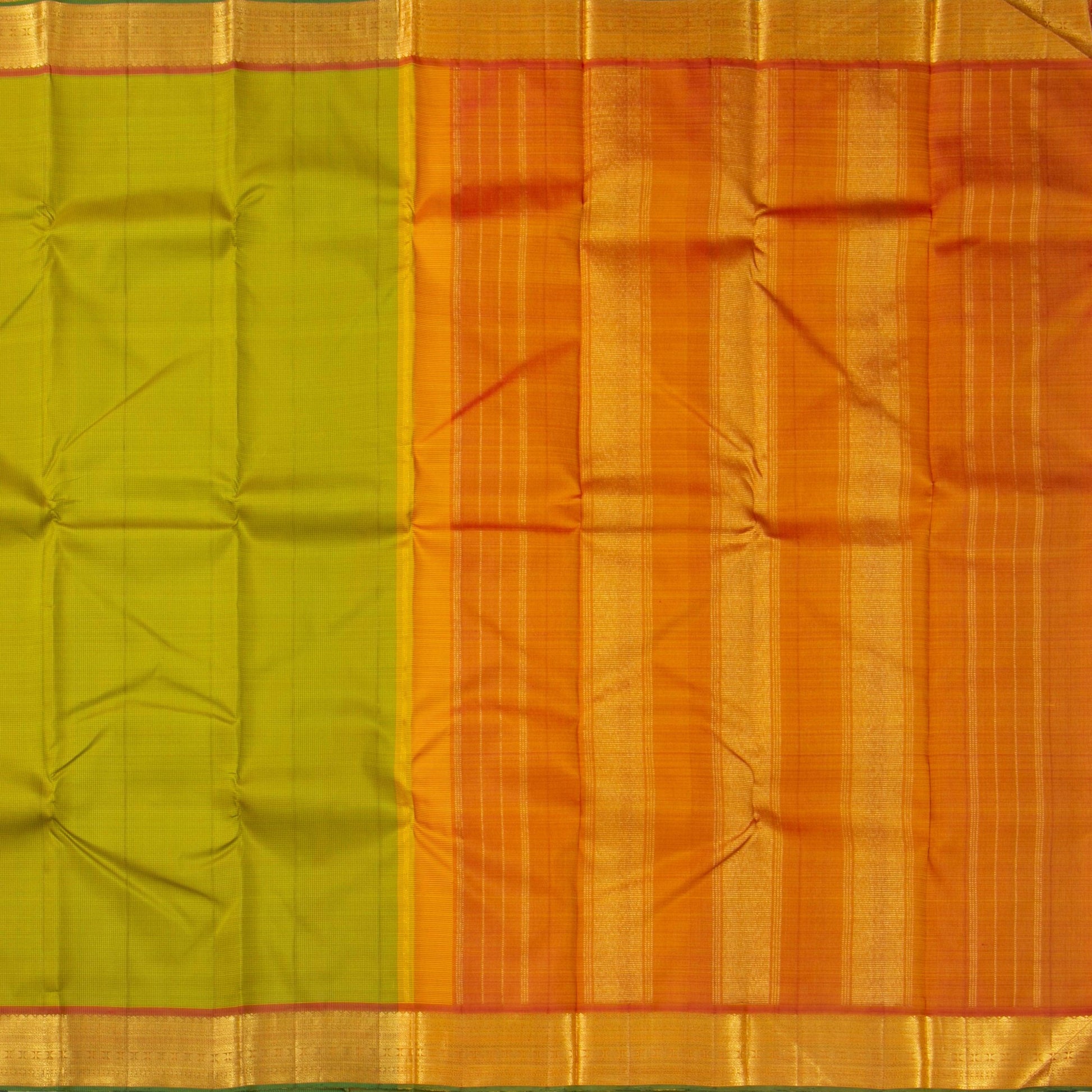 Green And Orange Kanchipuram Silk Saree With Small Border Handwoven Pure Silk For Festive Wear PV J 2479 - Silk Sari - Panjavarnam PV J 2479