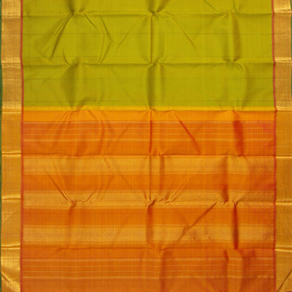 Green And Orange Kanchipuram Silk Saree With Small Border Handwoven Pure Silk For Festive Wear PV J 2479 - Silk Sari - Panjavarnam PV J 2479