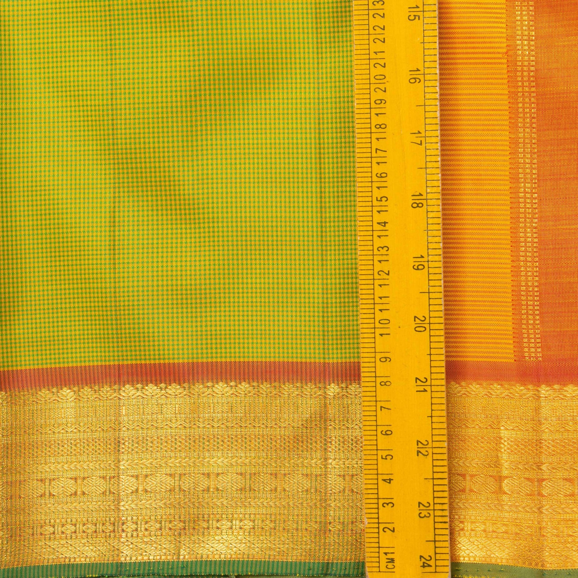 Green And Orange Kanchipuram Silk Saree With Small Border Handwoven Pure Silk For Festive Wear PV J 2479 - Silk Sari - Panjavarnam PV J 2479