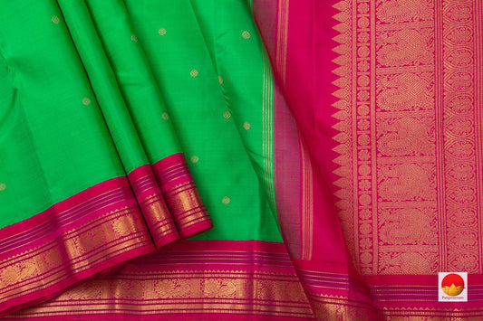 Green And Pink Contrast Korvai Border Kanchipuram Silk Saree Handwoven Pure Silk Pure Zari For Wedding Wear PV NYC 631 - Silk Sari - Panjavarnam