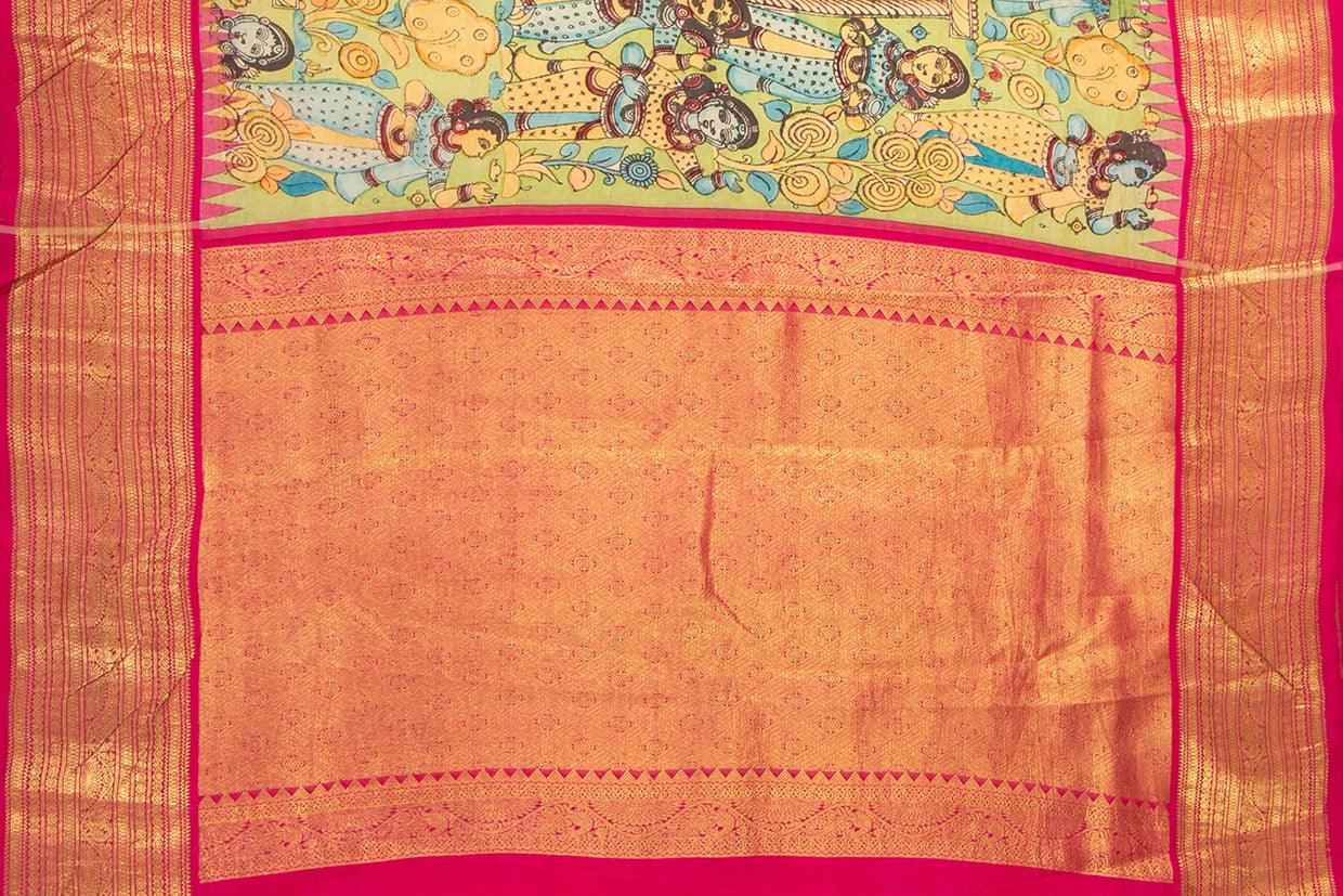 Green And Pink Handpainted Kalamkari Kanchipuram Silk Saree Village Theme Pure Zari PV VSR KK 101 - Kalamkari Silk - Panjavarnam