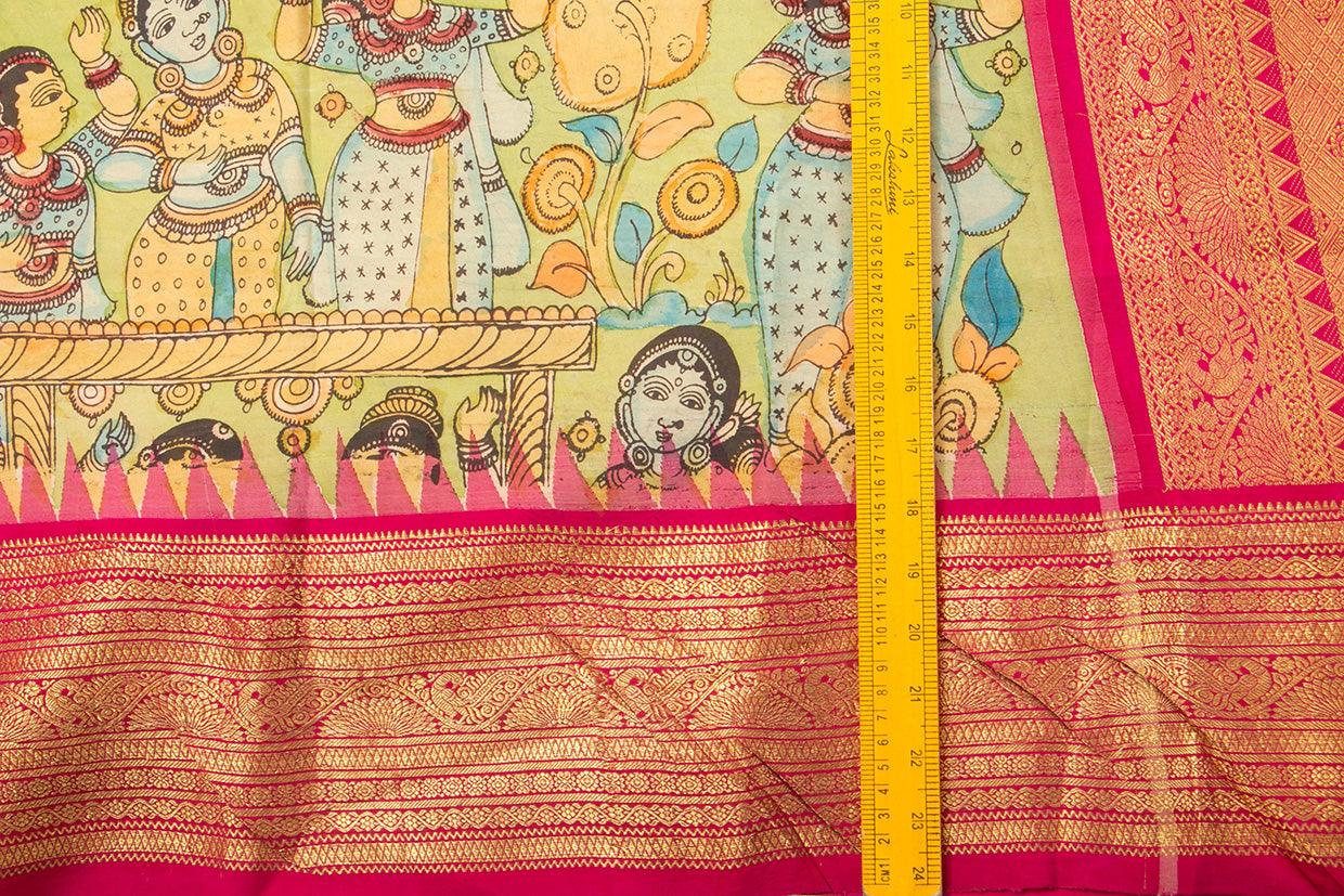 Green And Pink Handpainted Kalamkari Kanchipuram Silk Saree Village Theme Pure Zari PV VSR KK 101 - Kalamkari Silk - Panjavarnam