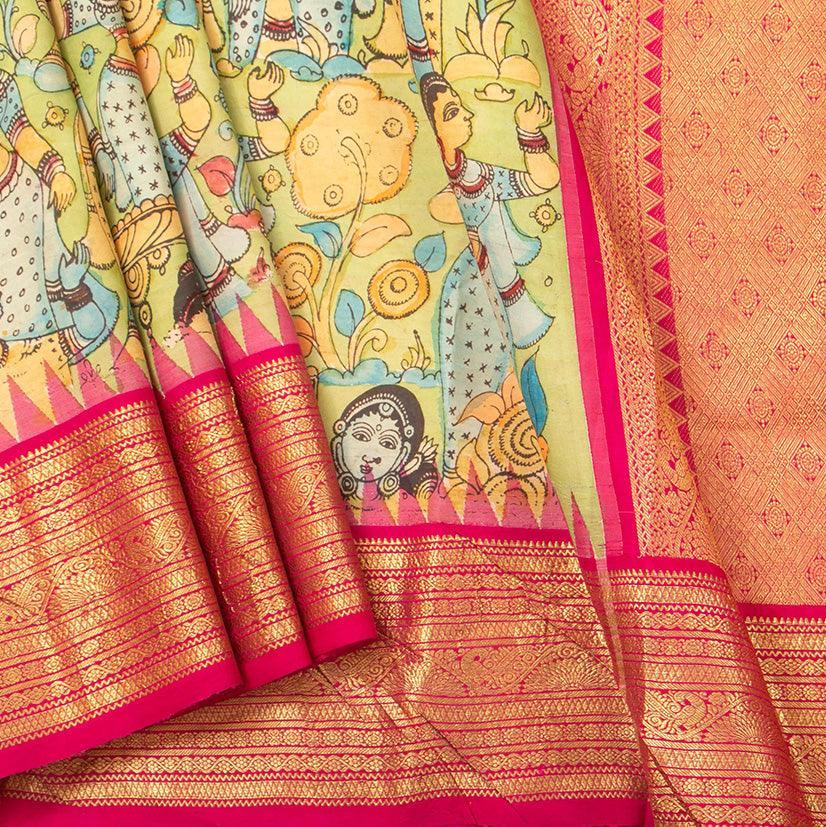 Green And Pink Handpainted Kalamkari Kanchipuram Silk Saree Village Theme Pure Zari PV VSR KK 101 - Kalamkari Silk - Panjavarnam PV VSR KK 101